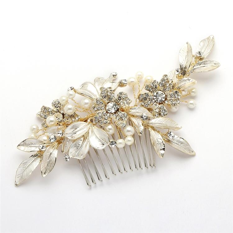 Pave Crystal and Painted Gold Leaves Hair Comb