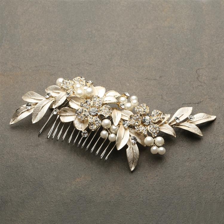 Pave Crystal and Painted Gold Leaves Hair Comb