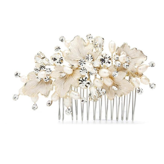 Painted Gold Leaves, Freshwater Pearls and Crystal Hair Comb
