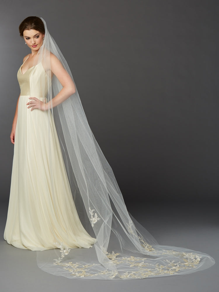 Silver and Gold Embroidered Floral Lace Cathedral Veil