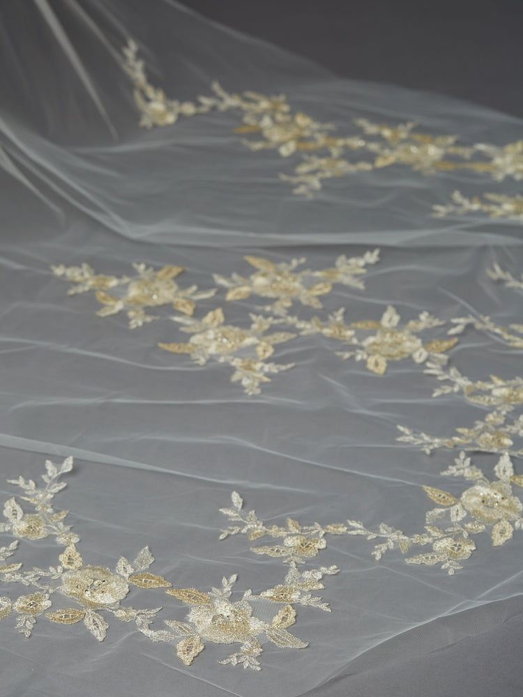 Silver and Gold Embroidered Floral Lace Cathedral Veil