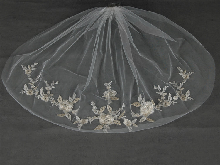 Gold and Silver Embroidered Floral Lace Fingertip Wedding Veil