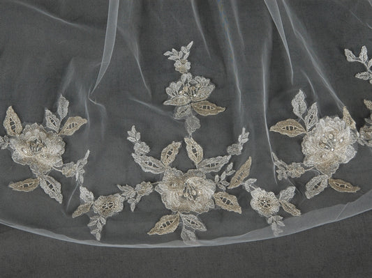Gold and Silver Embroidered Floral Lace Fingertip Wedding Veil - NY Gift Boutique