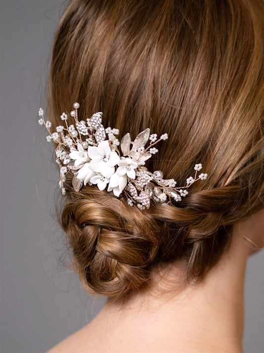 Light Rose, White Resin Flowers, Crystals & Pearl Sprays Rose Gold Hair Comb