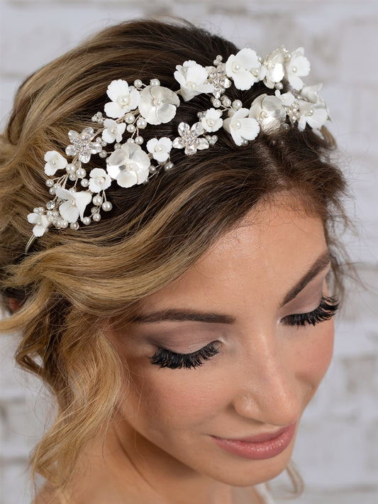 Tiara Wedding Crown with Soft Ivory Resin Florals & Matte Silver Flowers