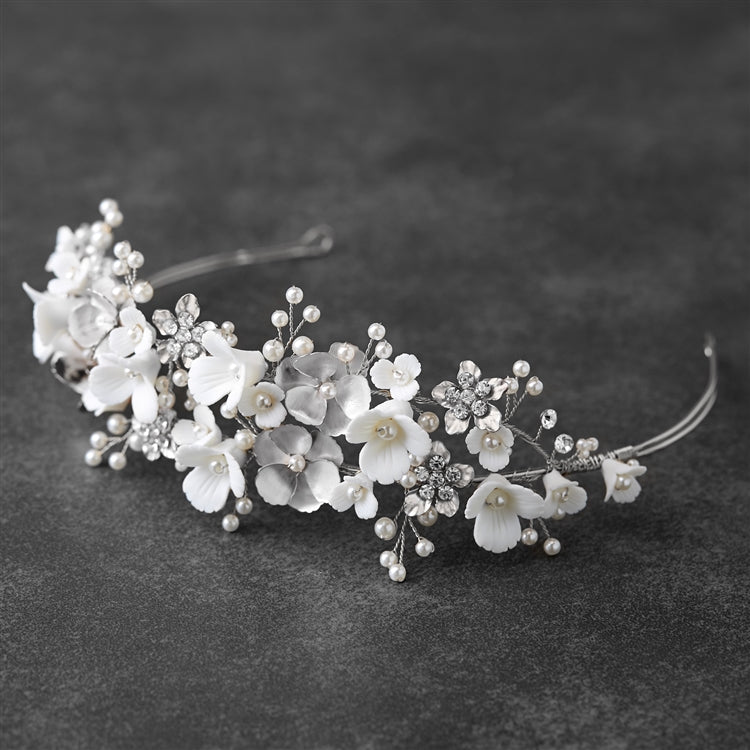 Tiara Wedding Crown with Soft Ivory Resin Florals & Matte Silver Flowers