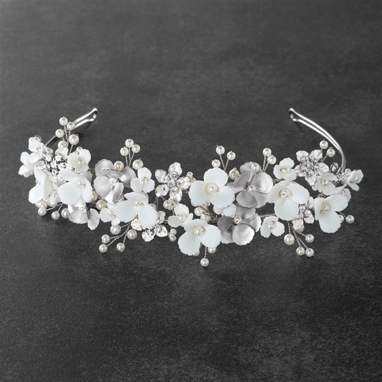 Tiara Wedding Crown with Soft Ivory Resin Florals & Matte Silver Flowers