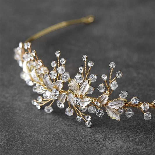 Crystals and Hand Painted Silvery Gold Leaves Bridal Tiara - NY Gift Boutique