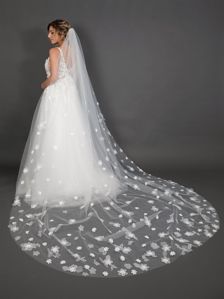 Scattered Flowers & Crystals 108" x 90" Ivory Cathedral Veil