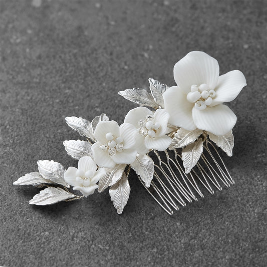 Off-White Resin Flowers, Crystals and Matte Silver Leaves Hair Comb - NY Gift Boutique