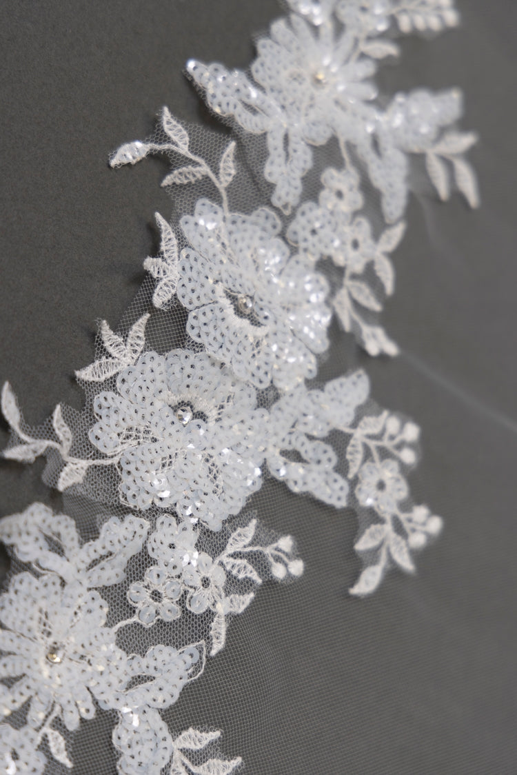Sequin Floral Lace Edge - 42" Long Fingertip Sheer Veil