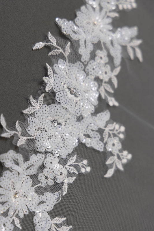 Sequin Floral Lace Edge - 42" Long Fingertip Sheer Veil - NY Gift Boutique
