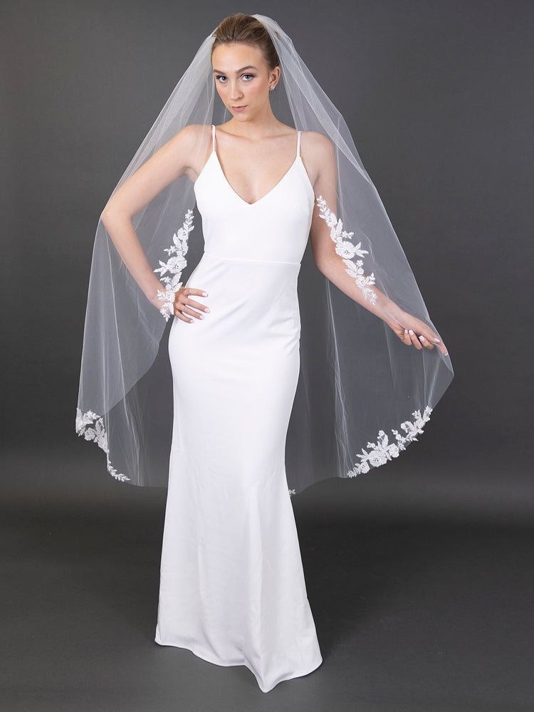 Floral Lace Appliques 60" Ivory Waltz Length Cut Edge Veil
