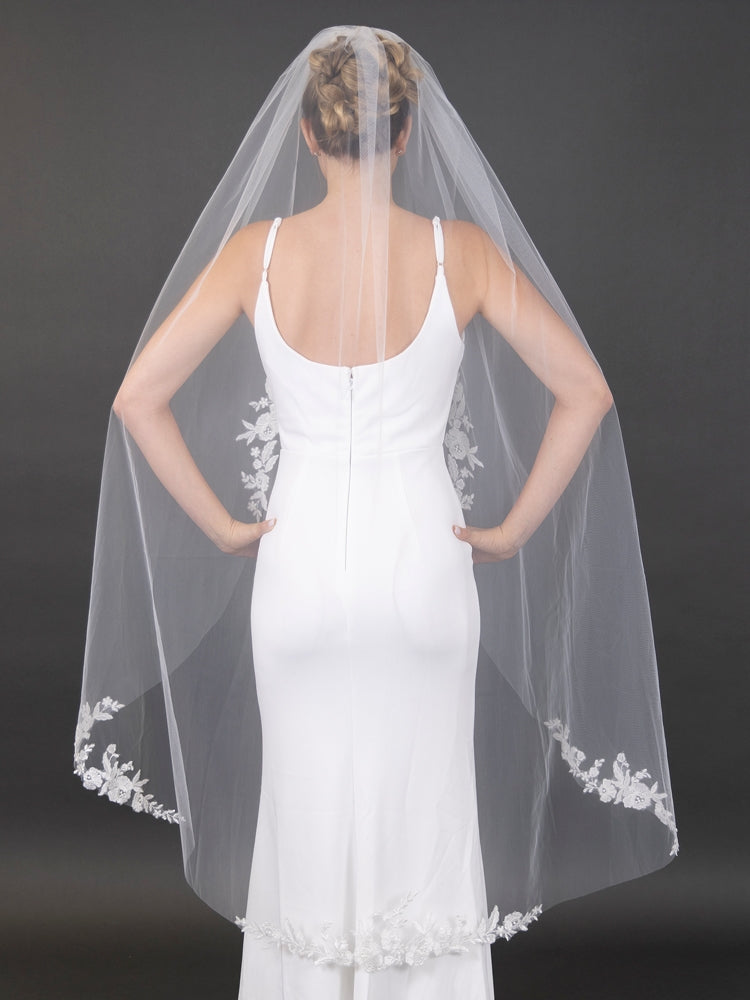 Floral Lace Appliques 60" Ivory Waltz Length Cut Edge Veil