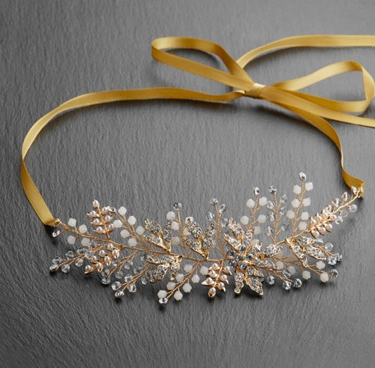 Bridal Hair Vine with Gold Leaves - Antique Gold Ribbon