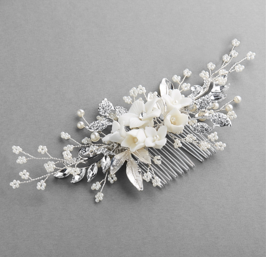 White Resin Flowers, Crystals and Dainty Pearl Sprays Hair Comb - NY Gift Boutique