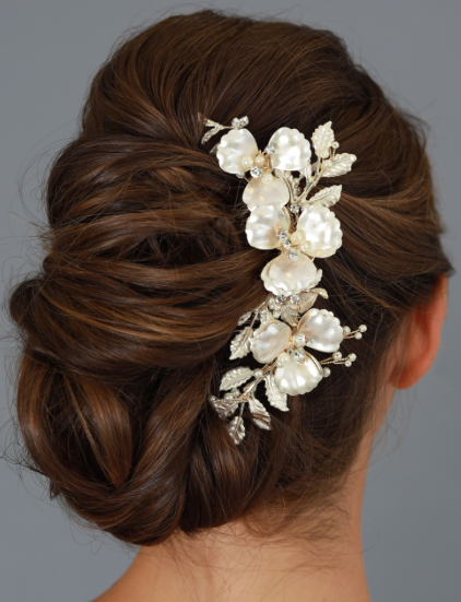 Matte Gold Floral, Ivory Pearls & Crystal Comb