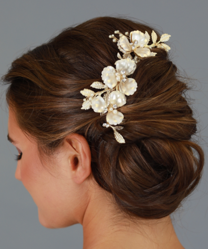 Matte Gold Floral, Ivory Pearls & Crystal Comb - NY Gift Boutique