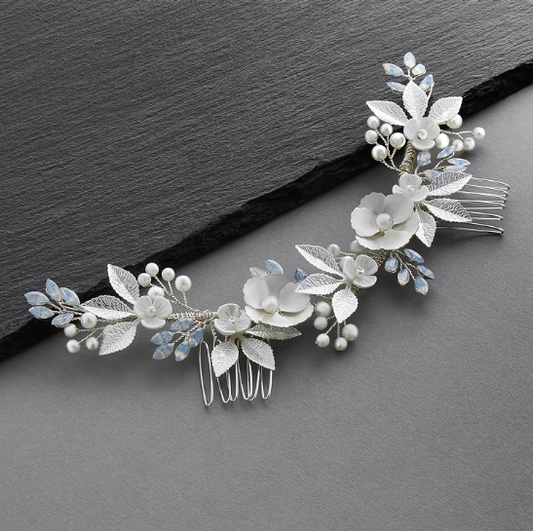 Opals, Silver Enamel Metal Flowers & Ivory Shell Blossoms Hair Comb Vine - NY Gift Boutique