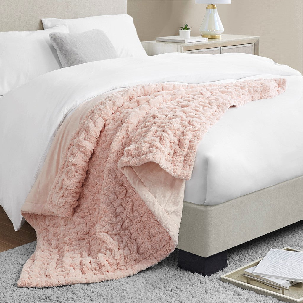 Ruched Fur Throw Blanket 50x60", Blush Pink