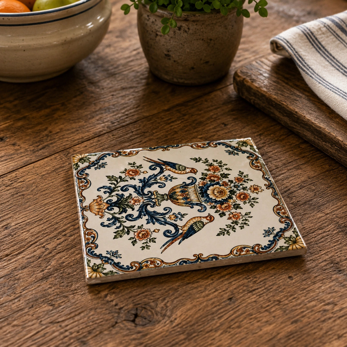 Vintage Floral & Birds Ceramic Trivet – 6" Square