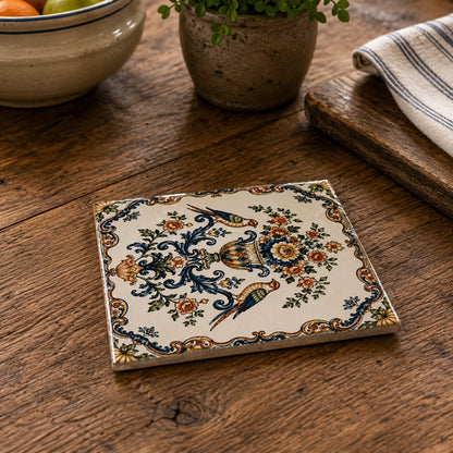 Vintage Floral & Birds Ceramic Trivet – 6" Square