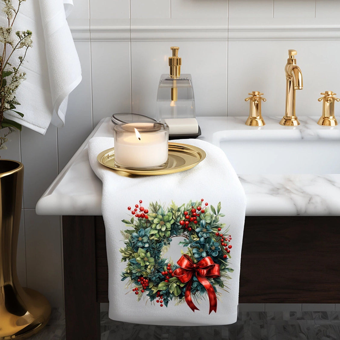 Winter Holiday Wreath Holiday Guest Hand Towel