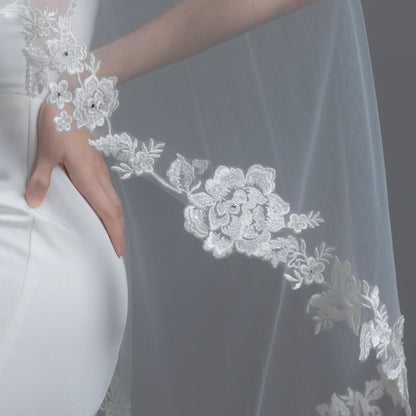Floral Vine Embroidered Lace Bridal Veil 42" X  72"- Ivory