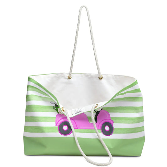 Green Stripes W Pink Golf Cart Canvas Weekender Tote Bag