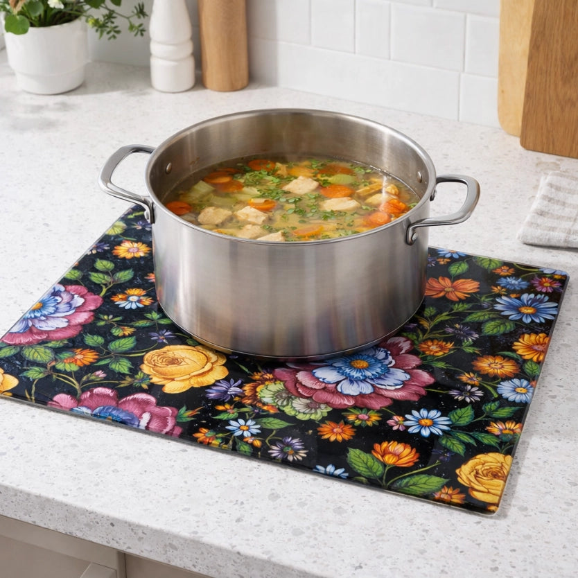 Floral Blacks and Oranges Glass Trivet Board