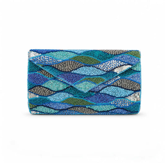 Turquoise Multi Wave Beaded Clutch Bag
