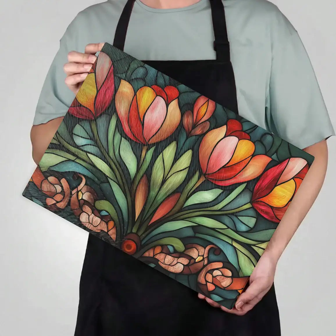 Art Nouveau Tulips Tempered Glass Cutting & Serving Board