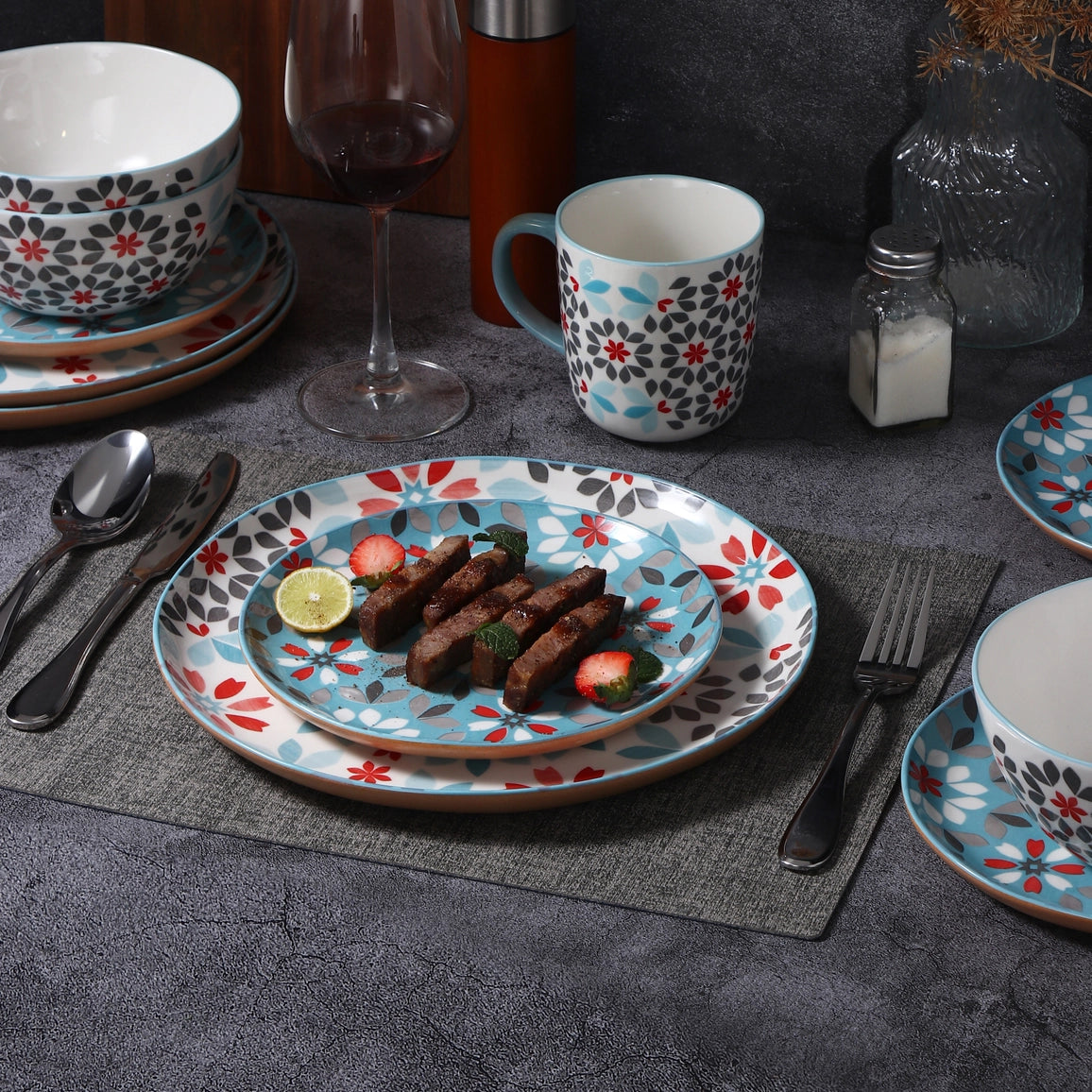 Bone China 16pc Dinnerware Set, Floral Pattern Blue & Red
