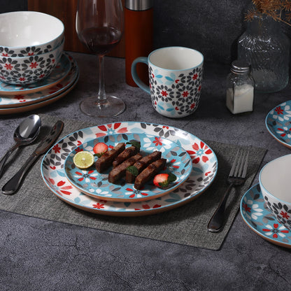 Bone China 16pc Dinnerware Set, Floral Pattern Blue & Red