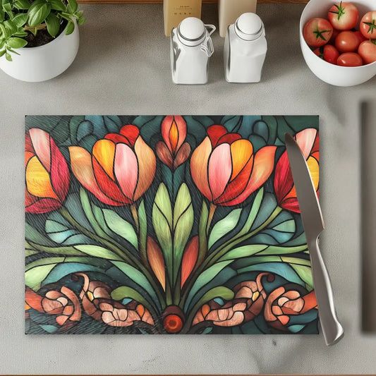 Art Nouveau Tulips Tempered Glass Cutting & Serving Board