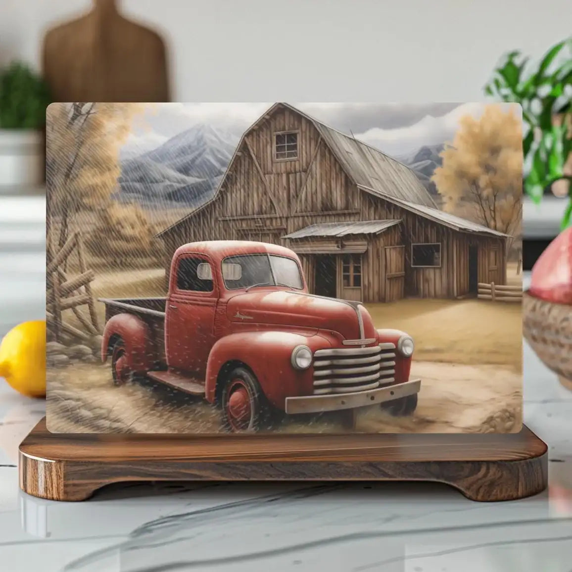 Red Truck and Barn Tempered Glass Cutting & Serving Board