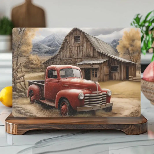 Red Truck and Barn Tempered Glass Cutting & Serving Board