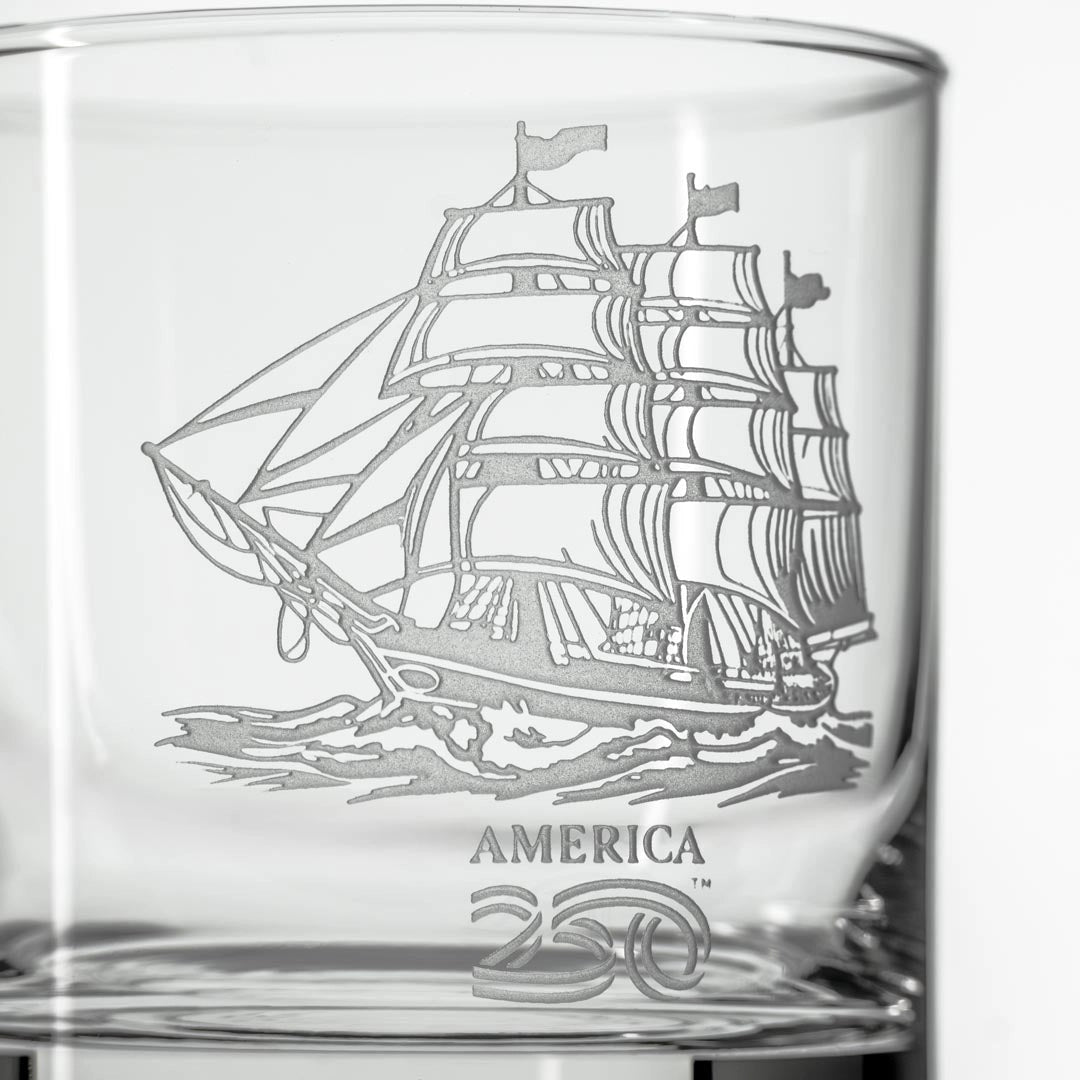 America250™ Tall Ship 3 Pc Set | Whiskey Decanter and Rocks Glasses