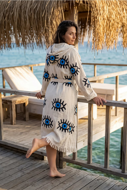 Evil Eye Hooded Turkish Cotton Kimono Robe - NY Gift Boutique