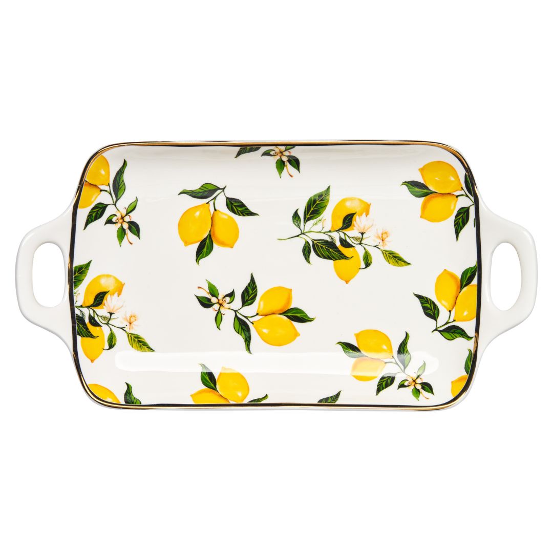 Ceramic Serving Tray with Handles - Classic Lemons - 11.75 X 7"