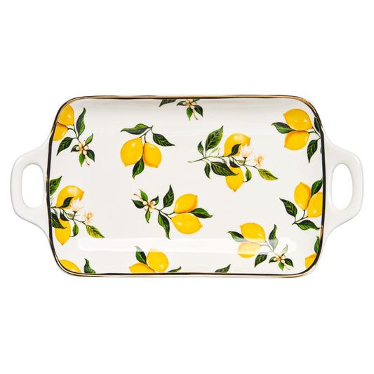 Ceramic Serving Tray with Handles - Classic Lemons - 11.75 X 7"