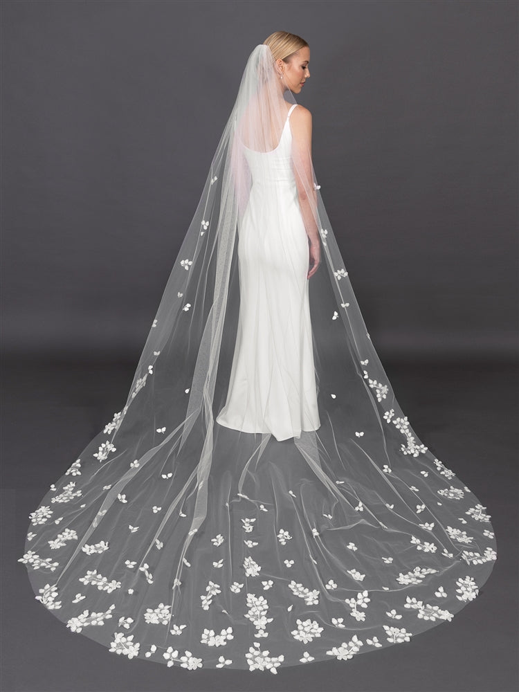 Cathedral Veil and Hand-Trimmed Clusters Of Scattered Applique Petals