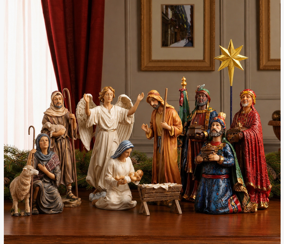 Traditional 11-piece Christmas Nativity display featuring Mary, Joseph, Baby Jesus, angel, shepherds, Three Wise Men, and gold Christmas star in richly detailed polystone.