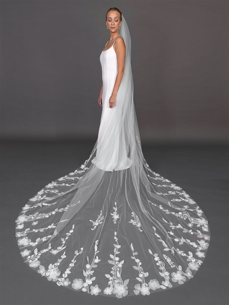 120" Royal Cathedral Bridal Veil with 3D Flower Vine Appliques