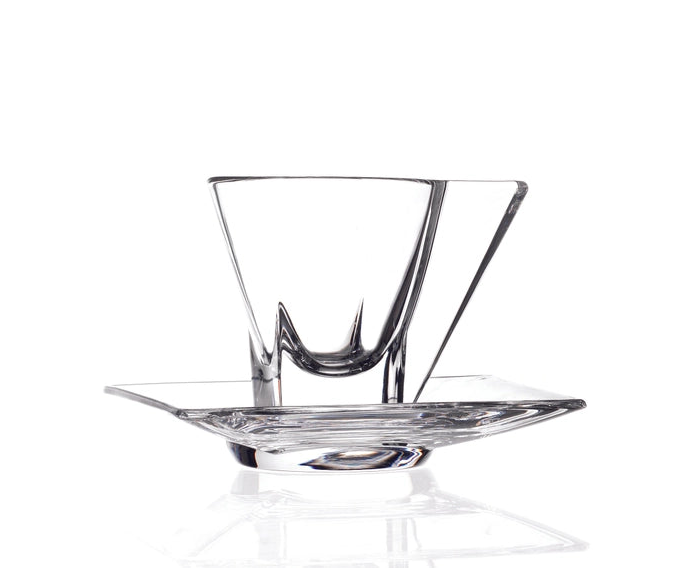 Clear glass bowl with a decorative base on a white background