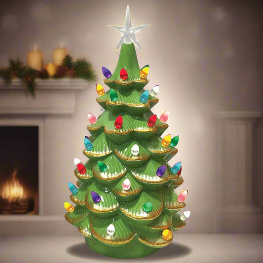 14" Light Green Ceramic Christmas Tree with Multicolored Lights
