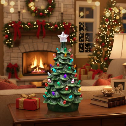 14" Lighted Green Ceramic Christmas Tree with Multicolored Bulbs
