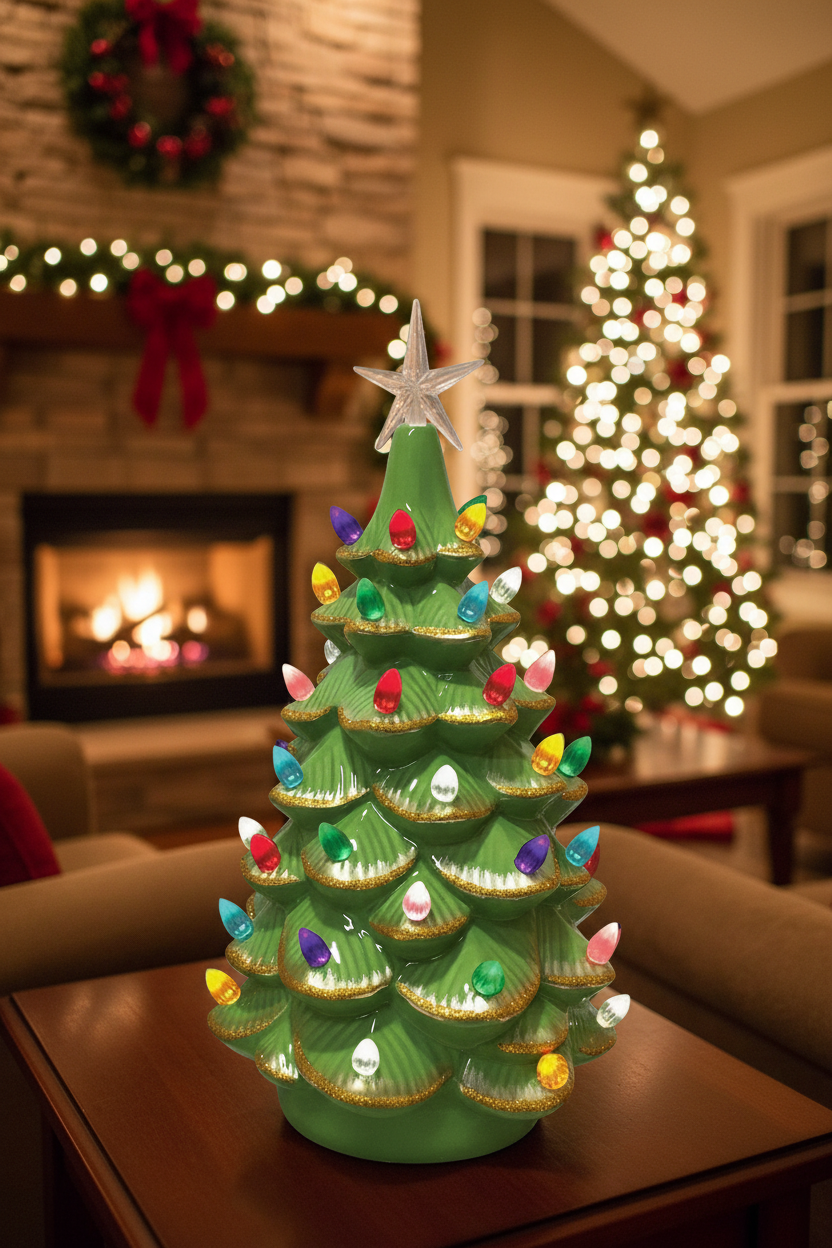 14" Lighted Green Ceramic Christmas Tree with Gold Tips