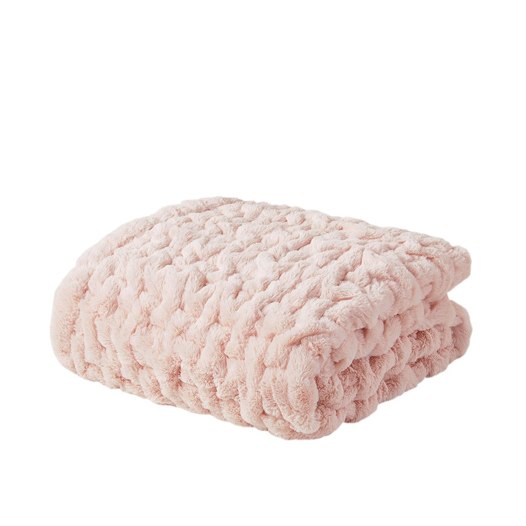 Ruched Fur Throw Blanket 50x60", Blush Pink