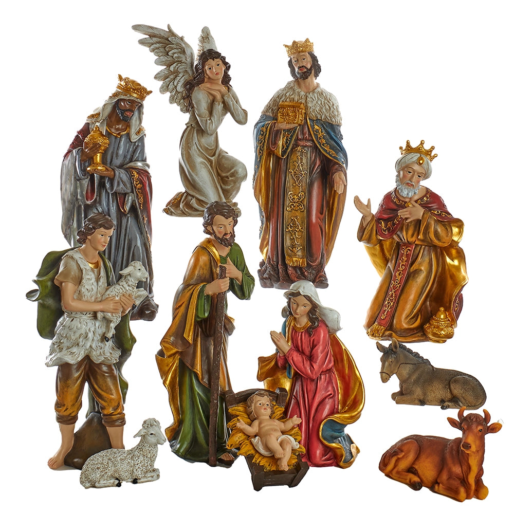 Set of nativity scene figurines including Mary, Joseph, baby Jesus, and animals on a white background.